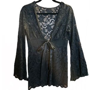 Bohemian Black Floral Lace Evening Jacket w/ Ribbon Bow Tie Closure - Size M